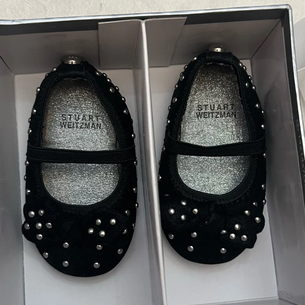 Stuart Weitzman Baby Studded Ballet Flats Mary Jane Designer Shoes Black